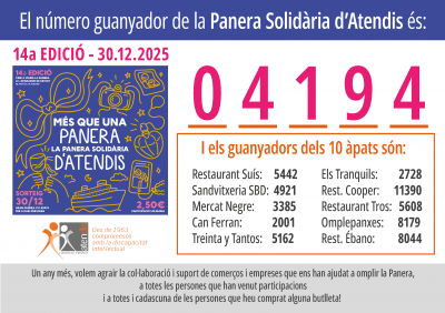 Ja tenim els números guanyadors de la 14a edició de la Panera Solidària d'Atendis